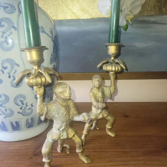 Vintage Solid Brass monkey Candlestick Holders Pair